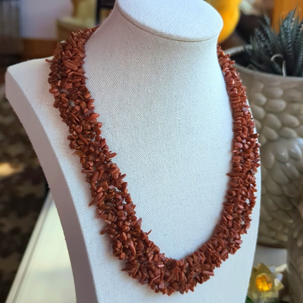 Waldeck Johnson WJ 925 Sterling Silver Brown Goldstone Speckle Chip Necklace